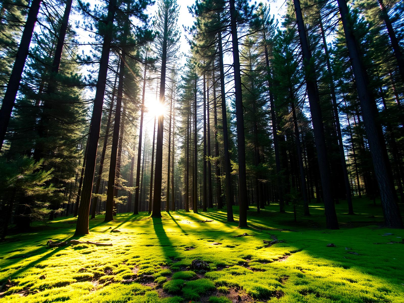 Sunlight filtering through a Utah evergreen forest