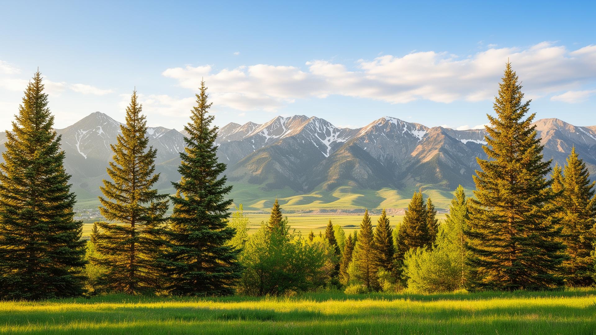 Evergreen trees and the Wasatch foothills above Bountiful, Utah at golden hour