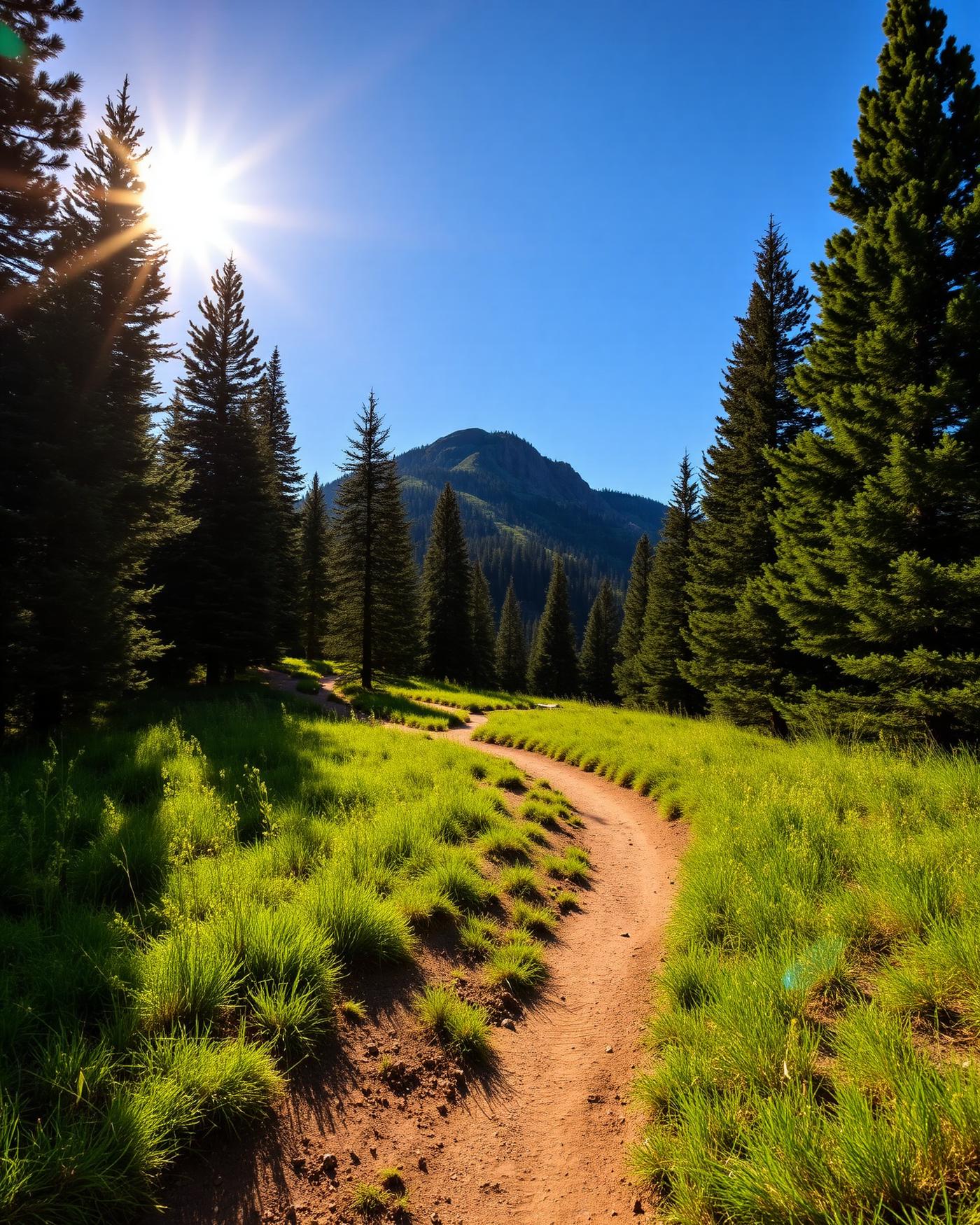 Sunlit Utah mountain trail through evergreen trees in the Wasatch foothills